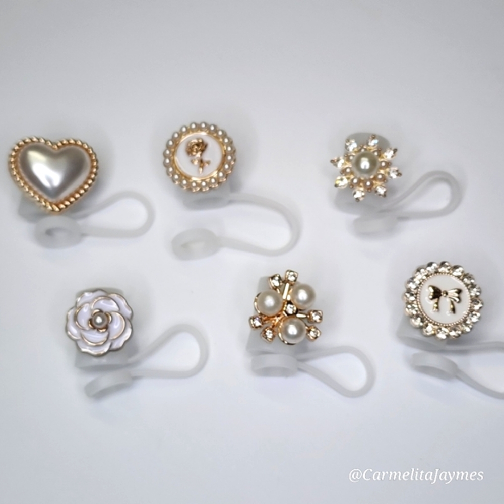 6pc White Gold Pearl & Diamond Straw Toppers Stanley Starbucks & More Brand NEW